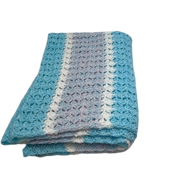 Handcrafted Crochet Soft Blanket Throw Baby Fringe Pink Blue Aqua Cream Cottage - Picture 5 of 6
